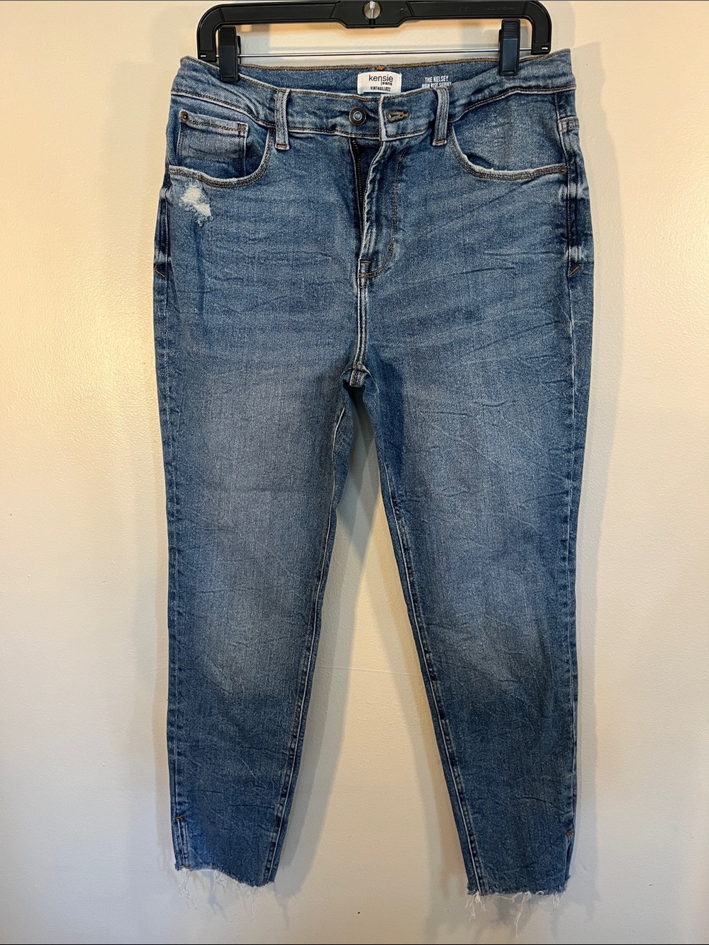 Kensie Medium Blue Cropped Skinny Jeans with Frayed Hem